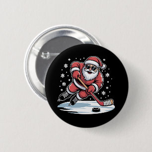 Badge Rond 5 Cm Père Noël de Noël drôle jouant au hockey sur glace