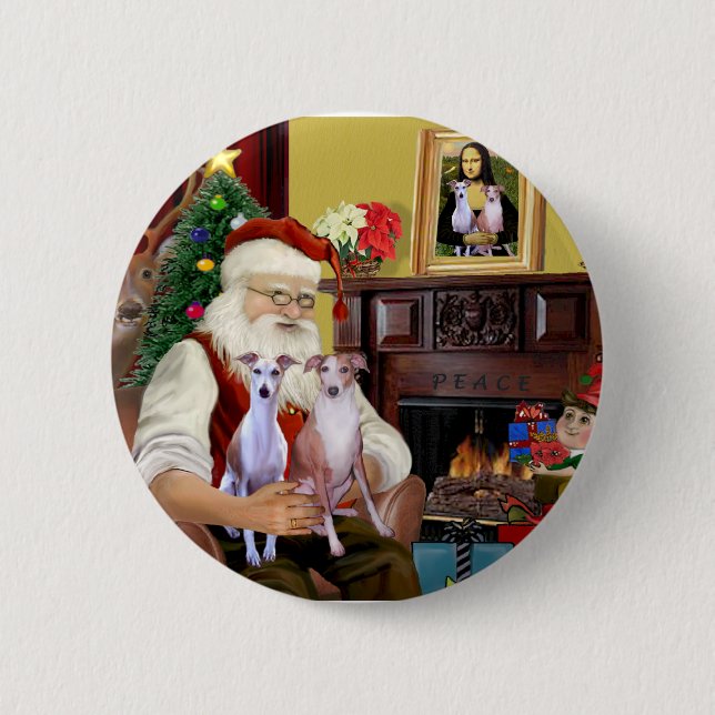 Badge Rond 5 Cm Père Noël : deux Whippets (Devant)