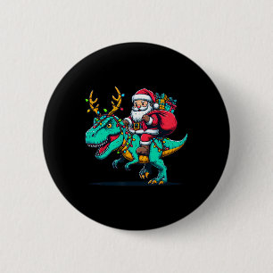 Badge Rond 5 Cm Père Noël dinosaure à cheval sur T Rex Noël cerf e