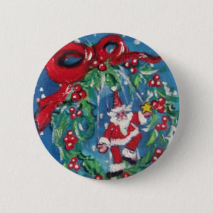 BADGE ROND 5 CM PÈRE NOËL ET NOËL COURONNE DE NUIT AVEC RIBBON ROU