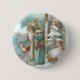 Badge Rond 5 Cm Père Noël et Noël de cru d'animaux de forêt