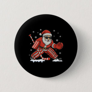 Badge Rond 5 Cm Père Noël jouant au gardien de but de hockey sur g