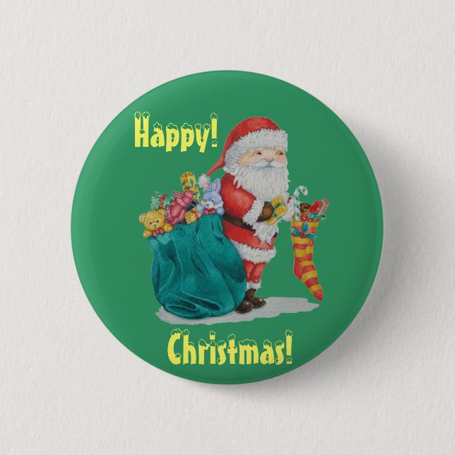 Badge Rond 5 Cm père Noël mignonne portant sac de jouets pour noël (Devant)