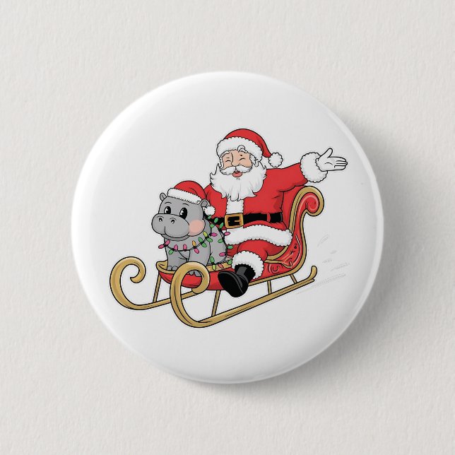 Badge Rond 5 Cm Père Noël Riding Sleigh avec Moo Deng Baby Hippo (Devant)