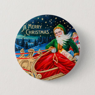 Badge Rond 5 Cm Père Noël vert vintage traîneau nuit étoilée Noël