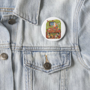 Badge Rond 5 Cm Père Noël vintage de Noël avec des lutins dans l'a