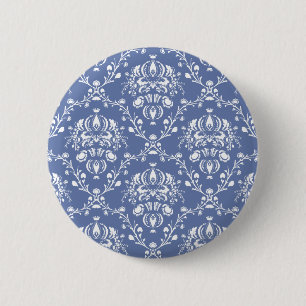 Badge Rond 5 Cm Périwinkle bleu et blanc Damas