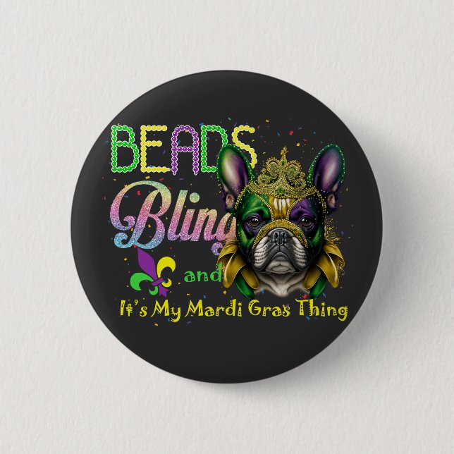 Badge Rond 5 Cm Perles Bling French Bulldog Mardi Gras Thé (Devant)