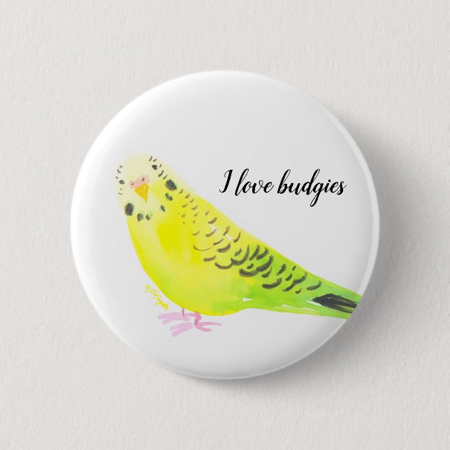 Badge Rond 5 Cm  Perruche Bouddhique Aquarelle Jaune Vert (Devant)