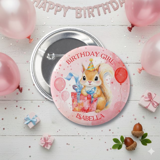 Badge Rond 5 Cm Personalized Birthday Girl's Squirrel Pink and Red (Créateur téléchargé)