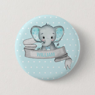 Badge Rond 5 Cm Personalized Name Elephant Baby Boy Blue & Gray
