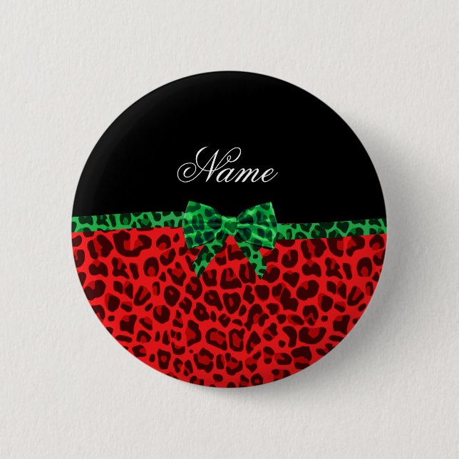 Badge Rond 5 Cm Personalized name red leopard print green bow (Devant)
