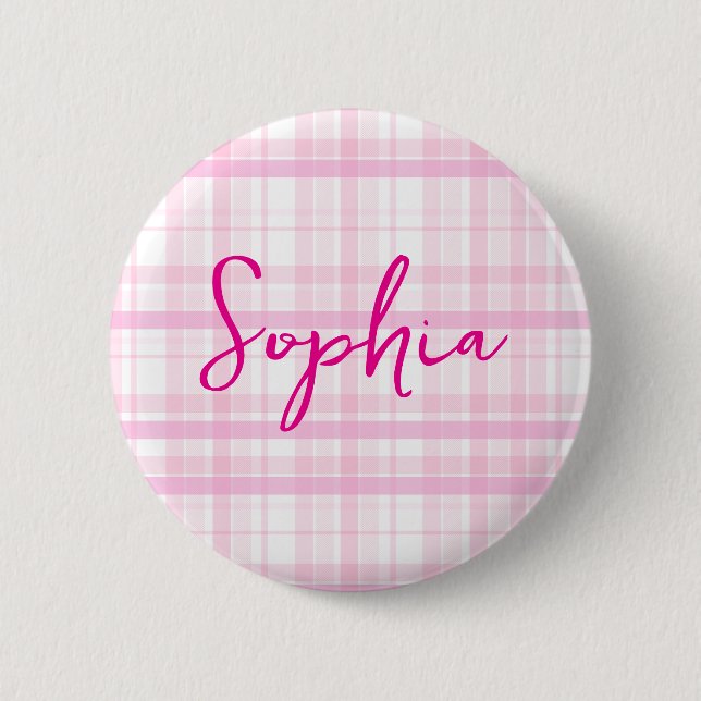 Badge Rond 5 Cm Personalized Pink Plaid button  with Name  (Devant)