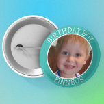 Badge Rond 5 Cm Personnalisé Birthday Boy| Nom et photo<br><div class="desc">Nom bleu personnalisé et photo Bouton Birthday Boy.</div>