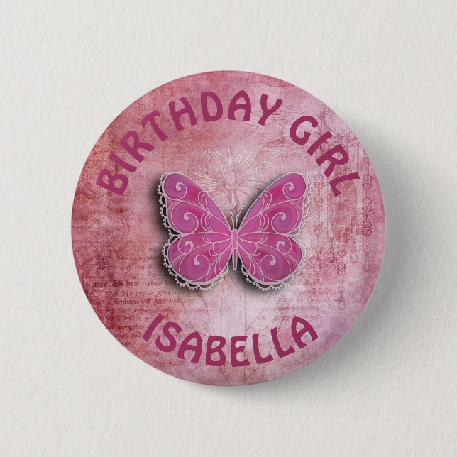 Badge Rond 5 Cm Personnaliser Bouton papillon fille anniversaire (Devant)