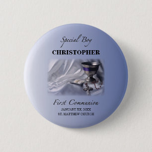 Badge Rond 5 Cm Personnaliser, Garçon, Première communion bleue