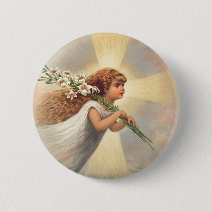 Badge Rond 5 Cm Petit ange bébé tenant des lis