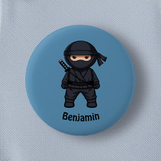 Badge Rond 5 Cm Petit guerrier ninja sur fond bleu