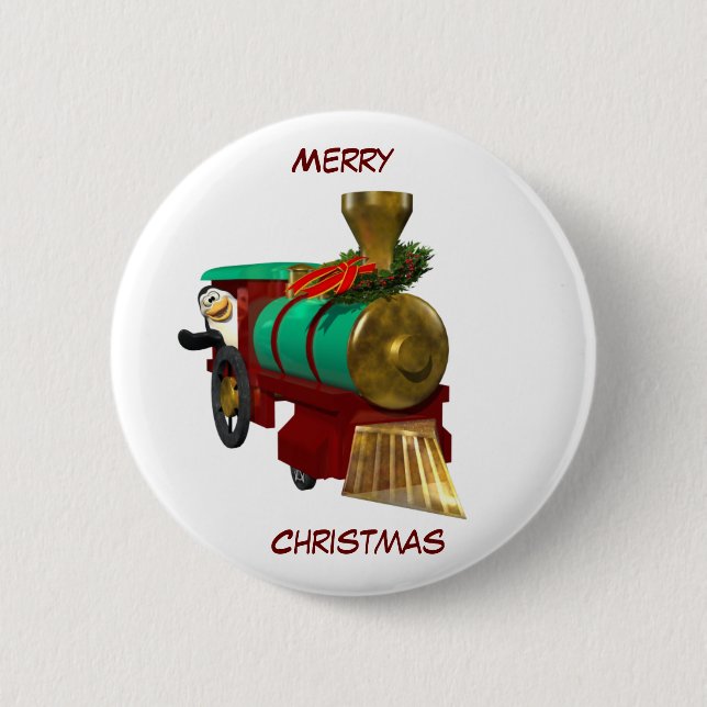 Badge Rond 5 Cm Petit manchot de dessin animé et train de Noël (Devant)