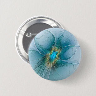 Badge Rond 5 Cm Petite Beauté Moderne Fleur d'Art Fractal Bleu Or