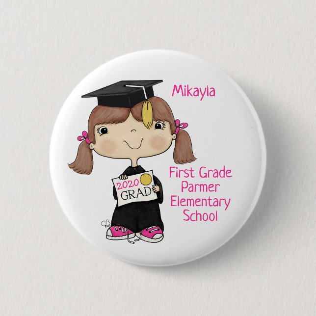 Badge Rond 5 Cm Petite fille diplômée Cheveux Brown (Devant)