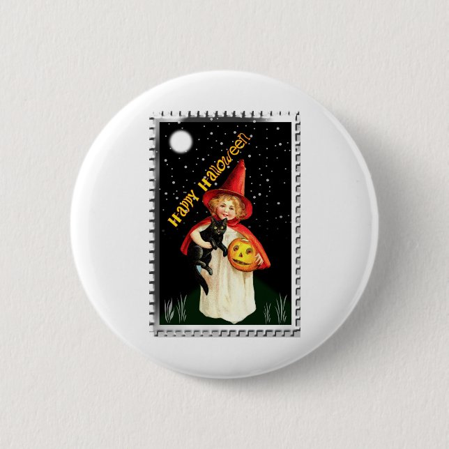 Badge Rond 5 Cm Petite Fille Nostalgique, Citrouille et Chat (Devant)