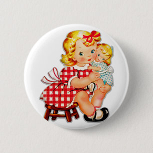 Badge Rond 5 Cm Petite fille rétro vintage poupée enfant