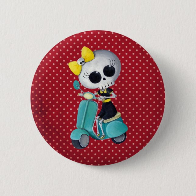Badge Rond 5 Cm Petite Mlle Death sur le scooter (Devant)