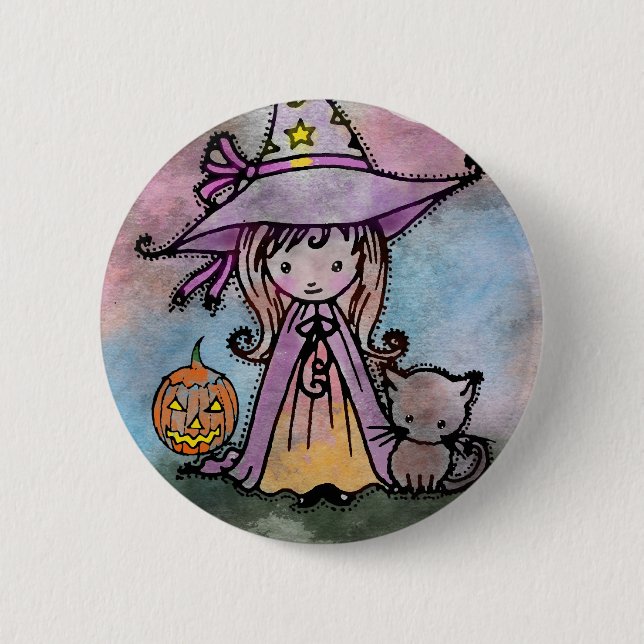 Badge Rond 5 Cm Petite sorcière et chat Halloween Pinback Button (Devant)