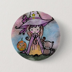 Badge Rond 5 Cm Petite sorcière et chat Halloween Pinback Button