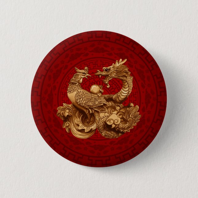 Badge Rond 5 Cm Phoenix and Dragon - on red (Devant)
