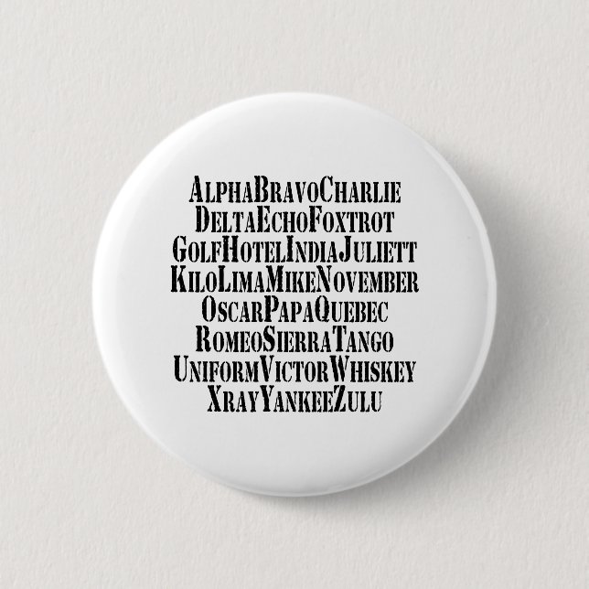 BADGE ROND 5 CM PHONETIC ALPHABET / CODE WORDS (Devant)