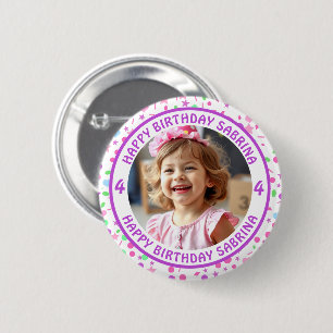 Badge Rond 5 Cm Photo Confetti personnalisée, nom et âge anniversa