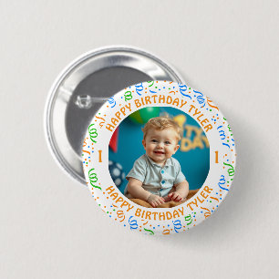 Badge Rond 5 Cm Photo Confetti personnalisée, nom et âge anniversa