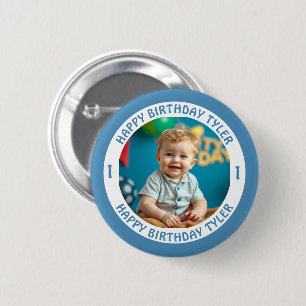 Badge Rond 5 Cm Photo Confetti personnalisée, nom et âge anniversa