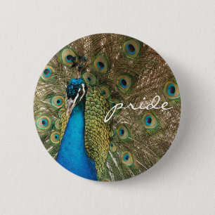 Badge Rond 5 Cm Photo couleur riche Peacock avec message "Fierté"