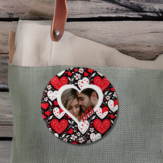 Badge Rond 5 Cm Photo de Coeurs et Fleurs rouges, noirs et blancs (Créateur téléchargé)