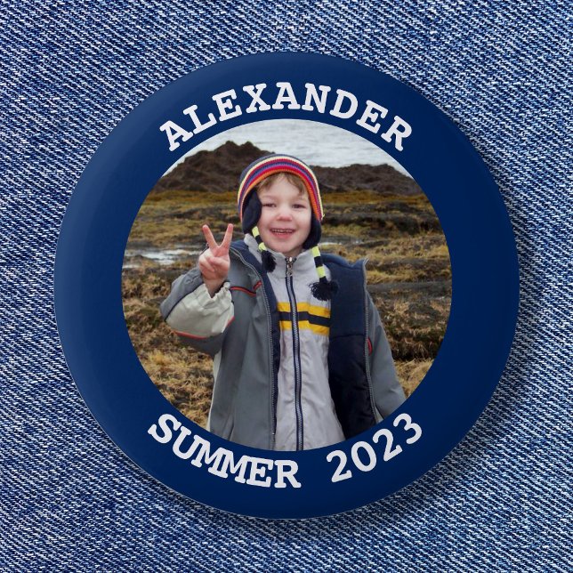 Badge Rond 5 Cm Photo de famille ronde personnalisée bleu marine (Create your own souvenir photo button.)