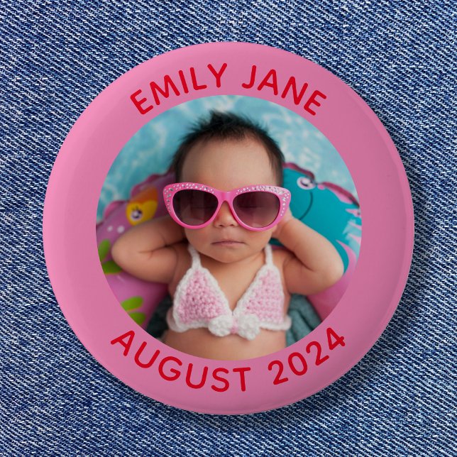 Badge Rond 5 Cm Photo de famille ronde rose et rouge personnalisée (Pink and Red Personalized Round Family Photo Button)
