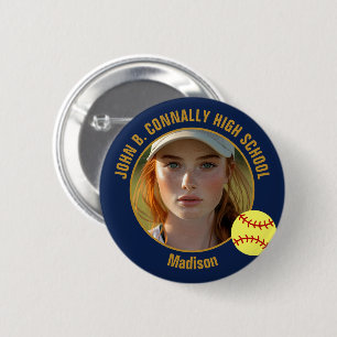 Badge Rond 5 Cm Photo de joueuse de softball Navy Blue Gold École