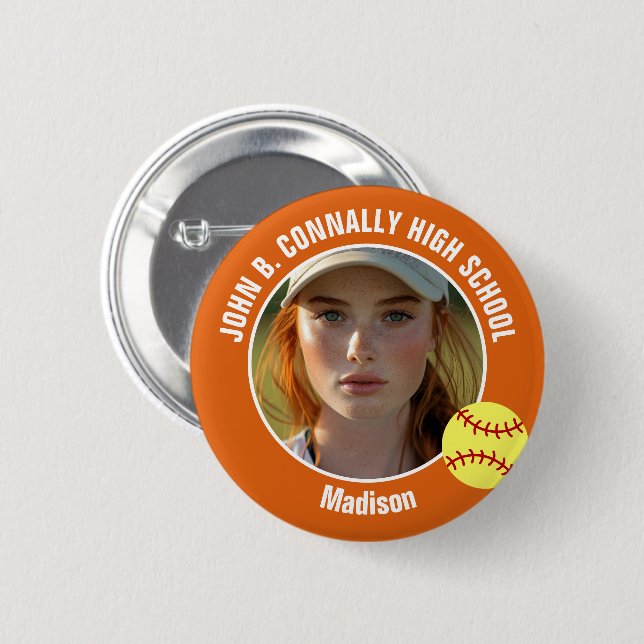 Badge Rond 5 Cm Photo de joueuse de softball Orange Esprit de lycé (Devant & derrière)