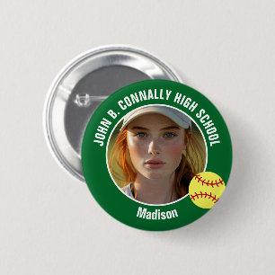 Badge Rond 5 Cm Photo de joueuse de softball vert Esprit de lycée