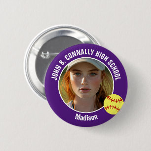 Badge Rond 5 Cm Photo de joueuse de softball violet Esprit de lycé