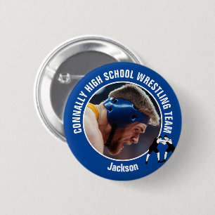 Badge Rond 5 Cm Photo d'équipe de lutte bleue Lycéen Lutteur