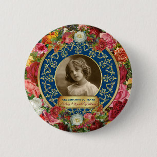Badge Rond 5 Cm Photo Gold Roses magnifiques Commémoratif Bleu fo