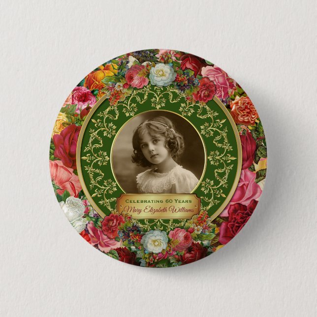 Badge Rond 5 Cm Photo Gold Roses magnifiques Commémoratif Vert fon (Devant)