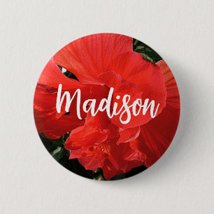 Badge Rond 5 Cm Photo Orange Double Hibiscus Nom personnalisé