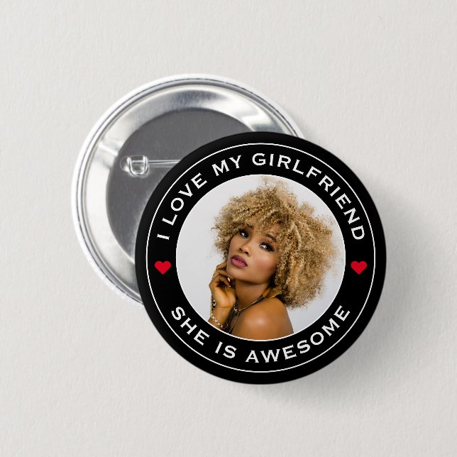 Badge Rond 5 Cm Photo Texte Coeur J'Aime Mon Awesome Petite Amie (Devant & derrière)