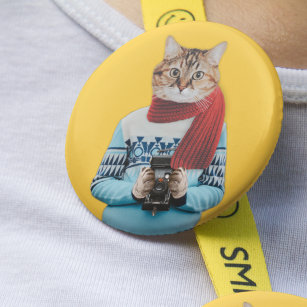 Badge Rond 5 Cm Photographe de chat en Vintage Sweater Quirky