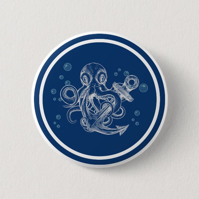 Badge Rond 5 Cm Pieuvre tenant une ancre (Devant)